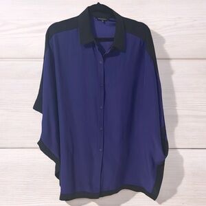 Lafayette 148 New York Purple and Black silk button down poncho blouse sz M